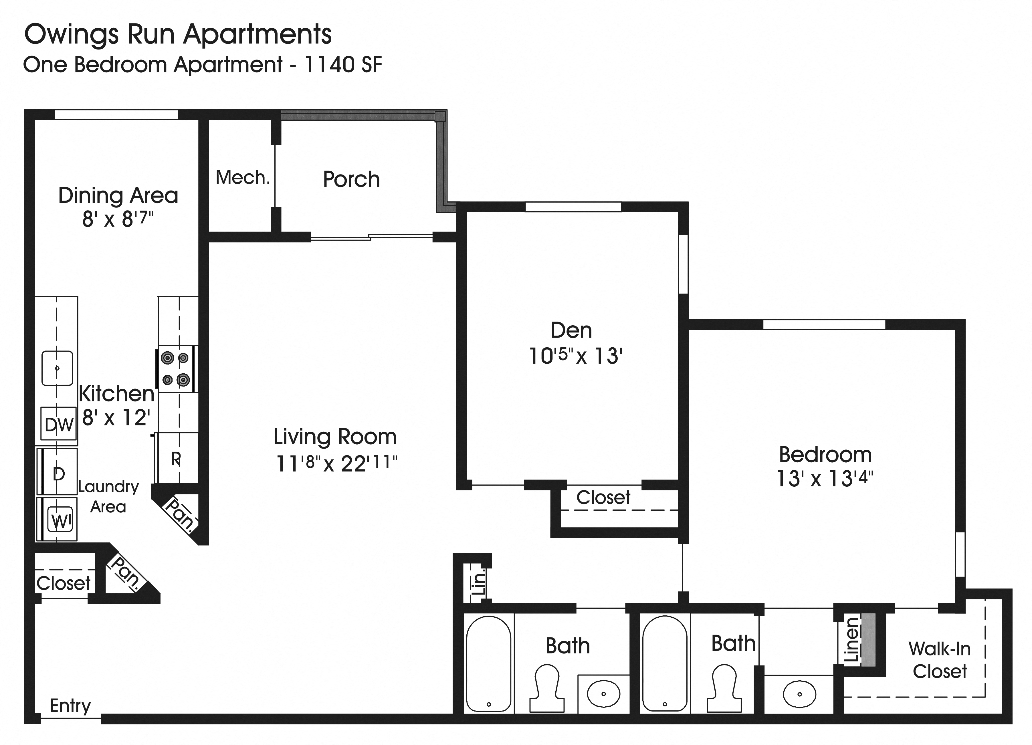 Floor plan for 1 bed, 2 baths, 1040 sqft